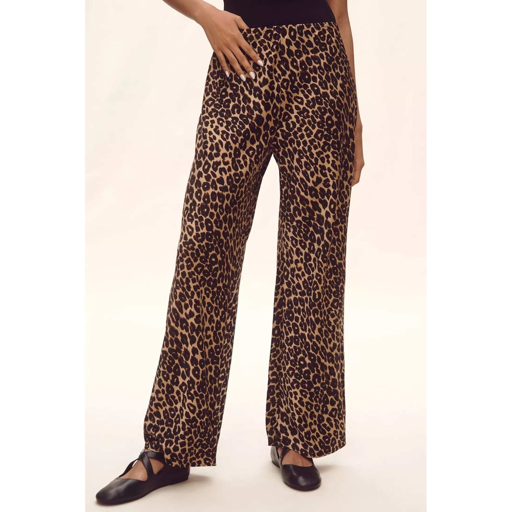 Reformation Gale Satin Pants Leopard Print Wide Leg Black Brown High Rise S